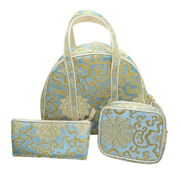 Vtg 60s Baby Blue Gold Chinoiserie Vanity Case 3pc Cosmetic Travel Bag Set - Picture 1 of 10